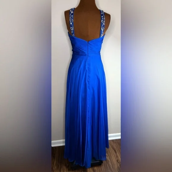 Mac Duggal Sapphire Blue Gown Rhinestone Front Chiffon Overlay Size 2 - Picture 6 of 16